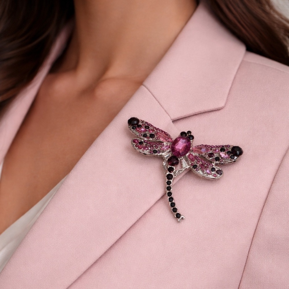 Pink Crystal Dragonfly Brooch - Elegant Women's Jewelry NEW